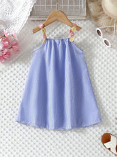 Young Girl Floral Strap Casual Loose Sleeveless A-Line Striped Sundress, Suitable For Holiday Beach, Summer
